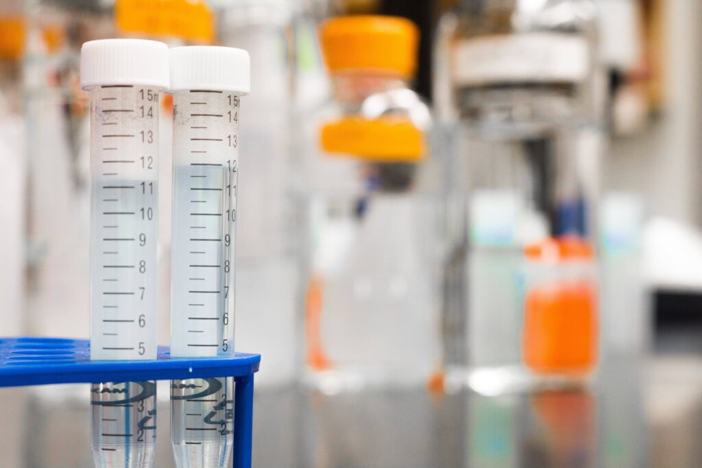 Close-up of test tubes in a scientific research lab